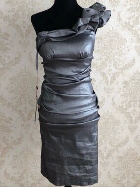 BNWT May Queen One-Shoulder Metallic Gray Evening Dress